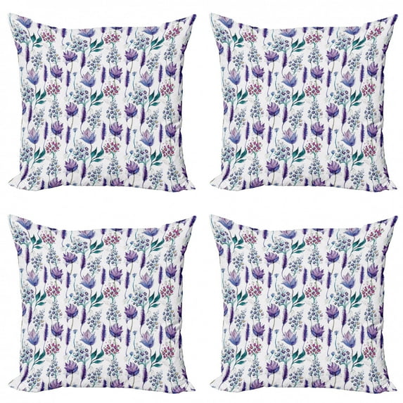 Ambesonne Floral Throw Pillow Cover 4 Pack, Botany Plants Watercolor, 20", Lavender Plum Jade Green
