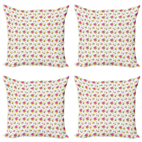 Floral Throw Pillow Cushion Case Pack of 4, Bundle of Bloomed Multi Petal Roses with Budsnd Branch of Berries with Leaves, Modern Accent Double-Sided Print, 4 Sizes, Multicolor, by Ambesonne