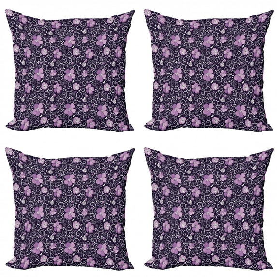 Ambesonne Floral Throw Pillow Cover 4 Pack, Flower Patterned Design, 16", Lilac Dark Purple White