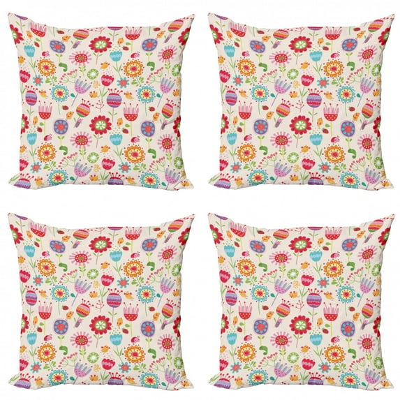 Ambesonne Floral Throw Pillow Cover 4 Pack, Ladybug Strawberry Bird, 18", Multicolor