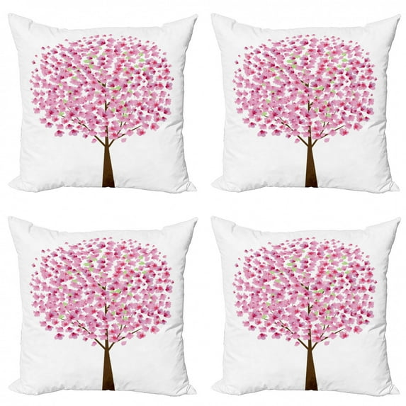 Ambesonne Floral Throw Pillow Cover 4 Pack, Simple Cherry Tree Blossom, 20", Pink Dark Brown