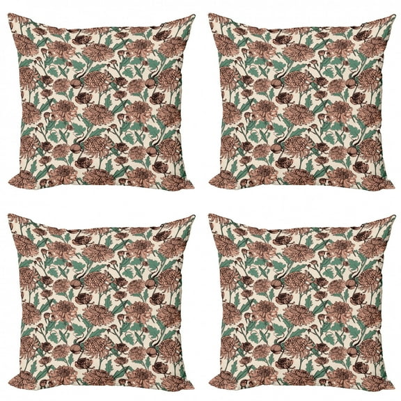 Floral Throw Pillow Cushion Case Pack of 4, Chrysanthemums Buds and Leaves Drawn by Hand, Modern Accent Double-Sided Print, 4 Sizes, Champagne Peach, by Ambesonne