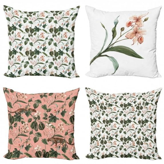 Ambesonne Floral Throw Pillow Cover 4 Pack, Watercolor Nature Flowers, 20", Green Blush and White