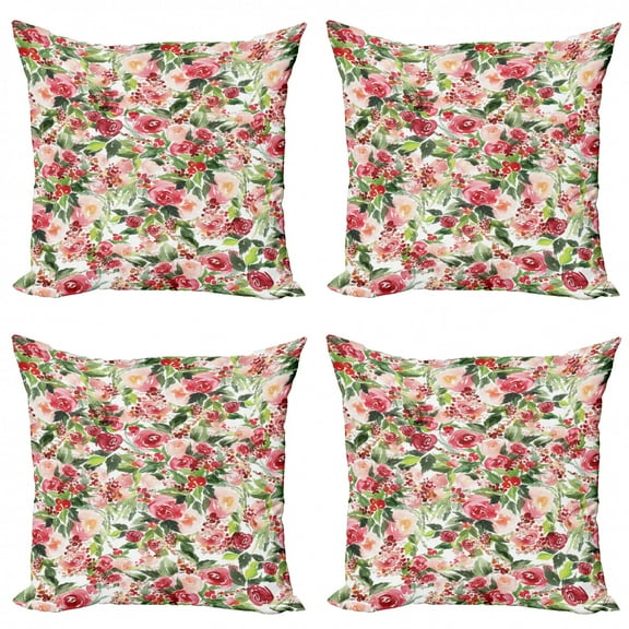 Ambesonne Floral Throw Pillow Cover 4 Pack, Roses Berries Bouquet Art, 18", Green Pink
