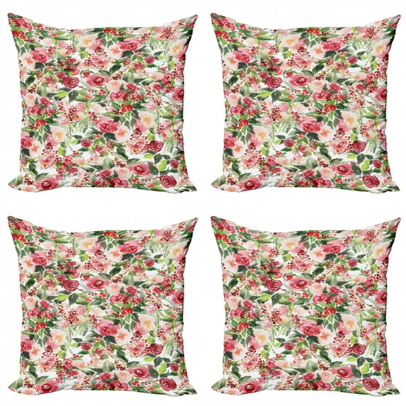 Ambesonne Floral Throw Pillow Cover 4 Pack, Roses Berries Bouquet Art, 16", Green Pink