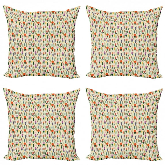 Floral Throw Pillow Cushion Case Pack of 4, Design of Abstract Spring Flowers Tulips and Leaves Vertical Alignment, Modern Accent Double-Sided Print, 4 Sizes, Multicolor, by Ambesonne
