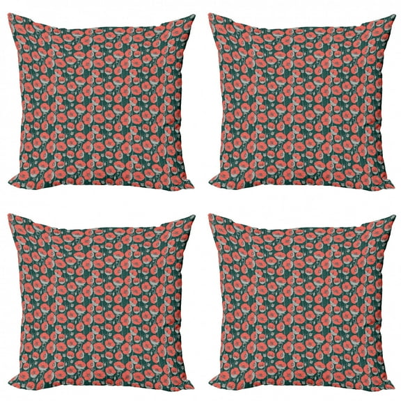 Ambesonne Floral Throw Pillow Cover 4 Pack, Forest Poppies Pattern, 24", Hunter Green Coral