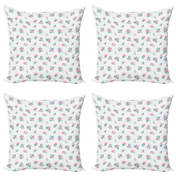 Floral Throw Pillow Cushion Case Pack of 4, Doodle Style Flowers with Leaves Wild Roses Petal Pattern Vintage Print, Modern Accent Double-Sided Print, 4 Sizes, Multicolor, by Ambesonne