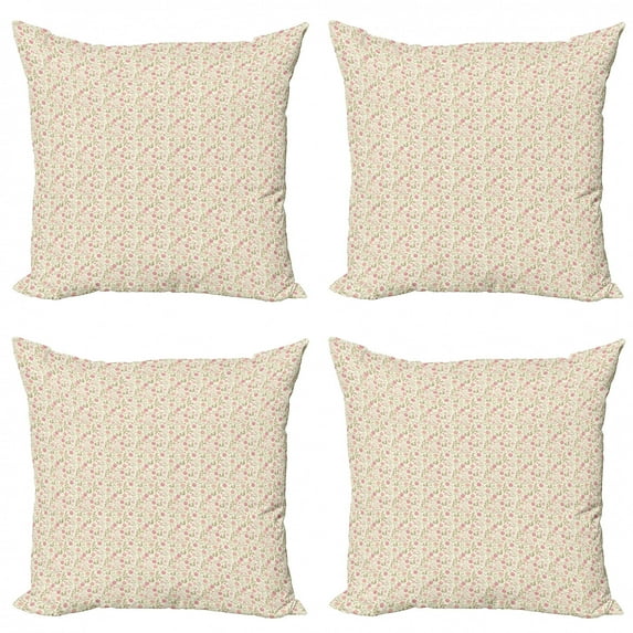 Ambesonne Floral Throw Pillow Cover 4 Pack, Soft Summer Foliage, 24", Pink Peach Green
