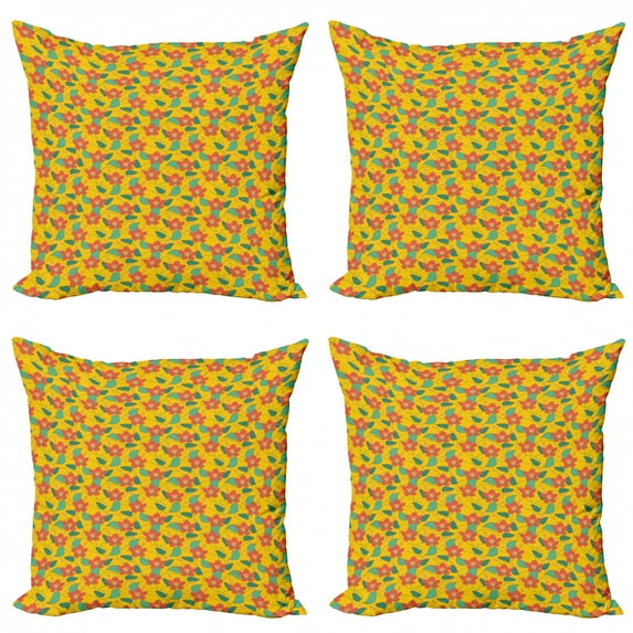 Floral Throw Pillow Cushion Case Pack of 4, Flowering Meadow Retro Cottage Cabin Yard Pattern Countryside Theme, Modern Accent Double-Sided Print, 4 Sizes, Dark Coral Yellow, by Ambesonne