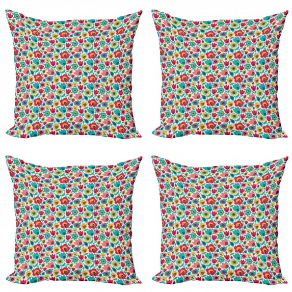 Floral Throw Pillow Cushion Case Pack of 4, Graphical Flowers on an Eggshell Tone Background, Modern Accent Double-Sided Print, 4 Sizes, Multicolor, by Ambesonne