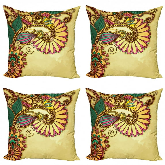 Floral Throw Pillow Cushion Case Pack of 4, Grunge Worn out Effect Background with Blooming Colorful Petals and Foliage Leaves, Modern Accent Double-Sided Print, 4 Sizes, Multicolor, by Ambesonne
