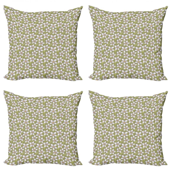 Floral Throw Pillow Cushion Case Pack of 4, Hand Drawn Arrangement of Blossoming Petals Botany Doodle Design, Modern Accent Double-Sided Print, 4 Sizes, Pale Olive Green Mustard, by Ambesonne