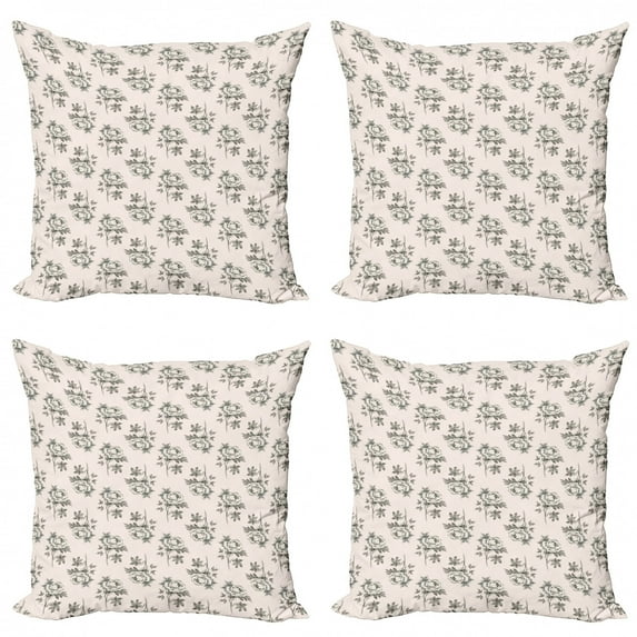 Ambesonne Floral Throw Pillow Cover 4 Pack, Hand Drawn Romantic Rose, 18", Pale Rose Ivory and Grey