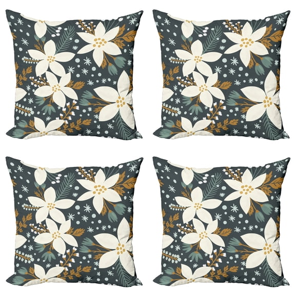 Ambesonne Floral Throw Pillow Cover 4 Pack, Poinsettia Blossoms Art, 18", White and Caramel