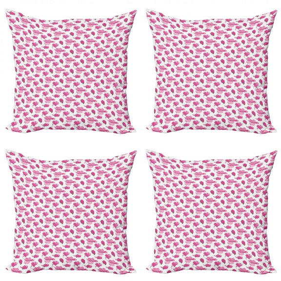 Floral Throw Pillow Cushion Case Pack of 4, Hand Drawn and Sketched Illustration of Blooming Magnolia Flowers and Buds, Modern Accent Double-Sided Print, 4 Sizes, Pink White Magenta, by Ambesonne