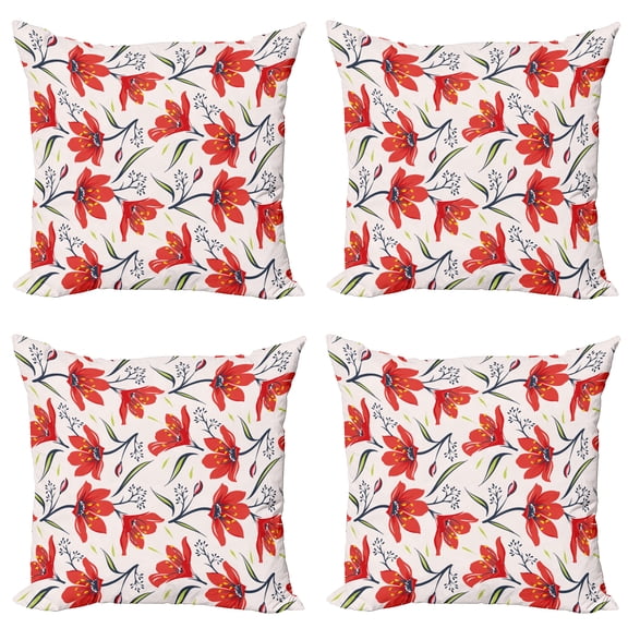 Ambesonne Floral Throw Pillow Cover 4 Pack, Vintage Tulip Flowers, 24", Peach Green and Red