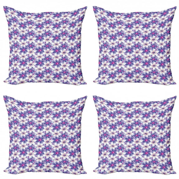 Floral Throw Pillow Cushion Case Pack of 4, Lilac Pattern with Blooming Cartoon Petals Geometric Shapes Abstract Illustration, Modern Accent Double-Sided Print, 4 Sizes, Multicolor, by Ambesonne