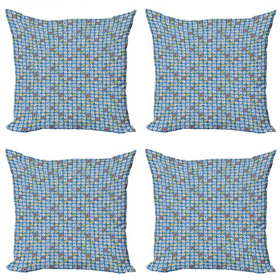 Floral Throw Pillow Cushion Case Pack of 4, Nature Inspired Botanical Garden Hand-drawn Pattern with Daisy Flowers and Leaves, Modern Accent Double-Sided Print, 4 Sizes, Multicolor, by Ambesonne