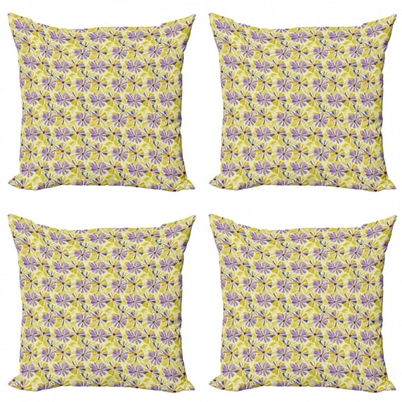 Ambesonne Floral Throw Pillow Cover 4 Pack, Nostalgic Spring Flowers, 20", Multicolor