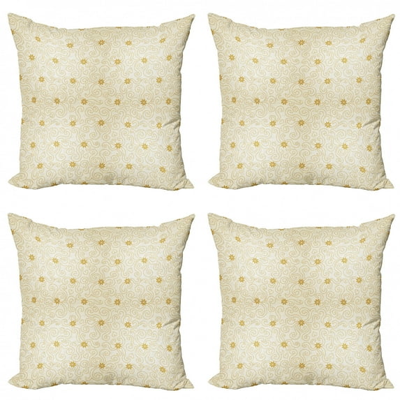 Floral Throw Pillow Cushion Case Pack of 4, Ornamental Pattern with Tiny Flowers and Dotted Curves Abstract Nature, Modern Accent Double-Sided Print, 4 Sizes, Earth Yellow and Beige, by Ambesonne