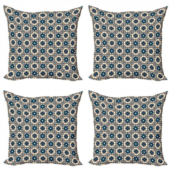 Ambesonne Floral Throw Pillow Cover 4 Pack, Ornate Circles Inspiration, 18", Ruby Beige Navy Blue