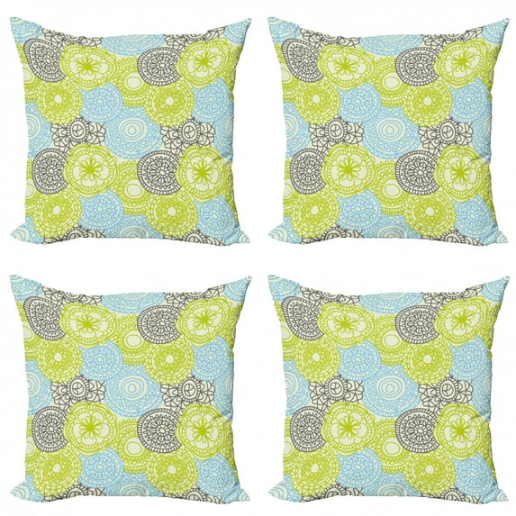 Ambesonne Ethnic Throw Pillow Cover 4 Pack, Pastel Folk Style Flower, 20", Apple Green Aqua Grey