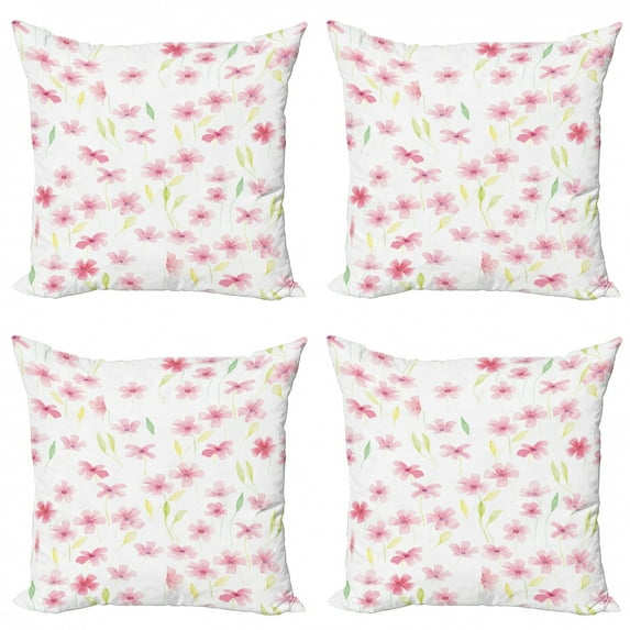 Ambesonne Floral Throw Pillow Cover 4 Pack, Watercolor Leaves Flowers, 24", White Pink Pale Yellow