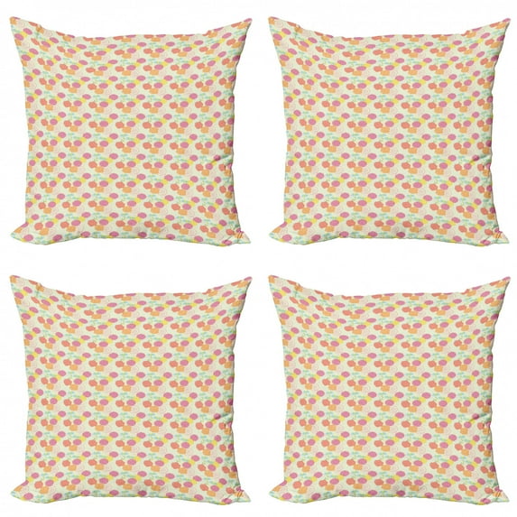 Floral Throw Pillow Cushion Case Pack of 4, Pastel Tone Romantic Bouquet Arrangement and Repeating Doodle Style Spiral Shapes, Modern Accent Double-Sided Print, 4 Sizes, Multicolor, by Ambesonne