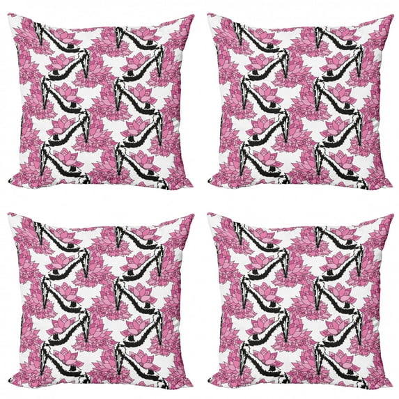 Floral Throw Pillow Cushion Case Pack of 4, Pattern of Curves and Streaks with Flower Motifs Blossoming Petals, Modern Accent Double-Sided Print, 4 Sizes, Pink Charcoal Grey, by Ambesonne