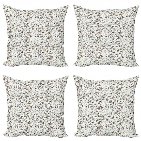 Floral Throw Pillow Cushion Case Pack of 4, Pattern with Delicate Curvy Stems Leaves Blossoming Buds and Ladybirds, Modern Accent Double-Sided Print, 4 Sizes, Multicolor, by Ambesonne