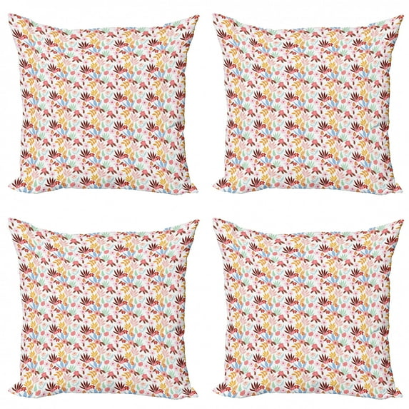 Floral Throw Pillow Cushion Case Pack of 4, Pattern Illustrated with Colorful Palm Leaves Branches and Retro Style Flowers, Modern Accent Double-Sided Print, 4 Sizes, Blush Multicolor, by Ambesonne