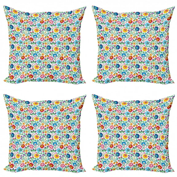 Ambesonne Floral Throw Pillow Cover 4 Pack, Polish Colorful Foliage, 20", Multicolor