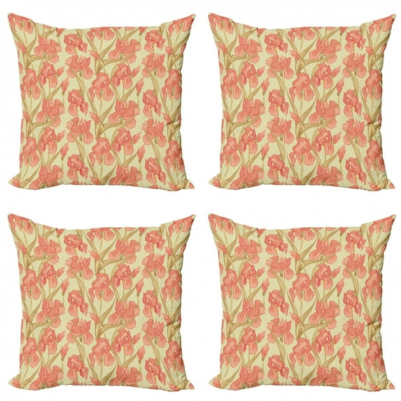 Floral Throw Pillow Cushion Case Pack of 4, Repeating Design Flowers in Pastel Tones Twigs Buds Nature Botany, Modern Accent Double-Sided Print, 4 Sizes, Beige Salmon, by Ambesonne