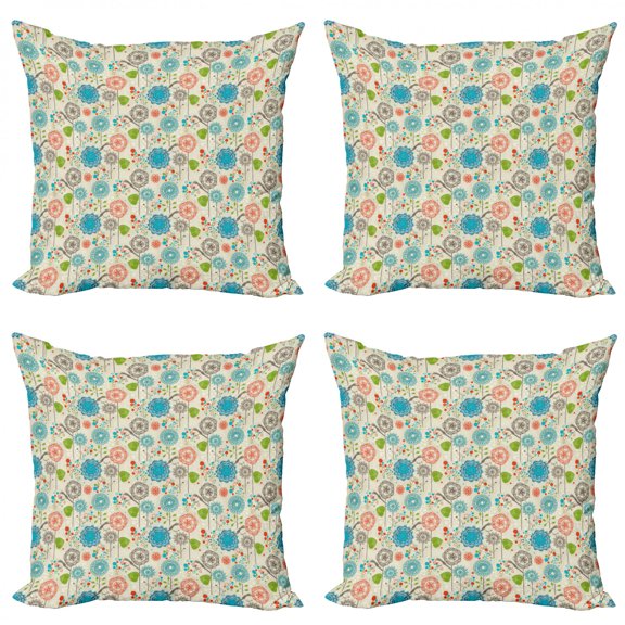 Ambesonne Floral Throw Pillow Cover 4 Pack, Retro Doodle Cheerful, 16", Multicolor