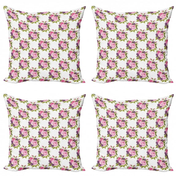 Ambesonne Floral Throw Pillow Cover 4 Pack, Buds Violet Pansies, 24", Multicolor