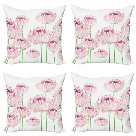 Ambesonne Floral Throw Pillow Cover 4 Pack, Tender Peony Flowers, 18", Pale Pink and Green