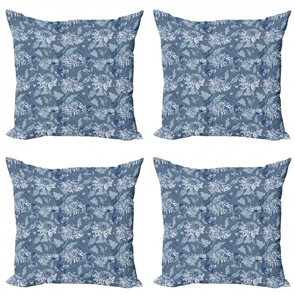 Ambesonne Floral Throw Pillow Cover 4 Pack, Sketch of Chrysanthemums, 20", Blue Grey Slate Blue