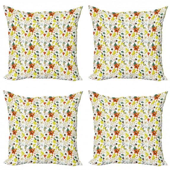 Ambesonne Floral Throw Pillow Cover 4 Pack, Spring Lemons Leaves, 20", Red Yellow Forest Green