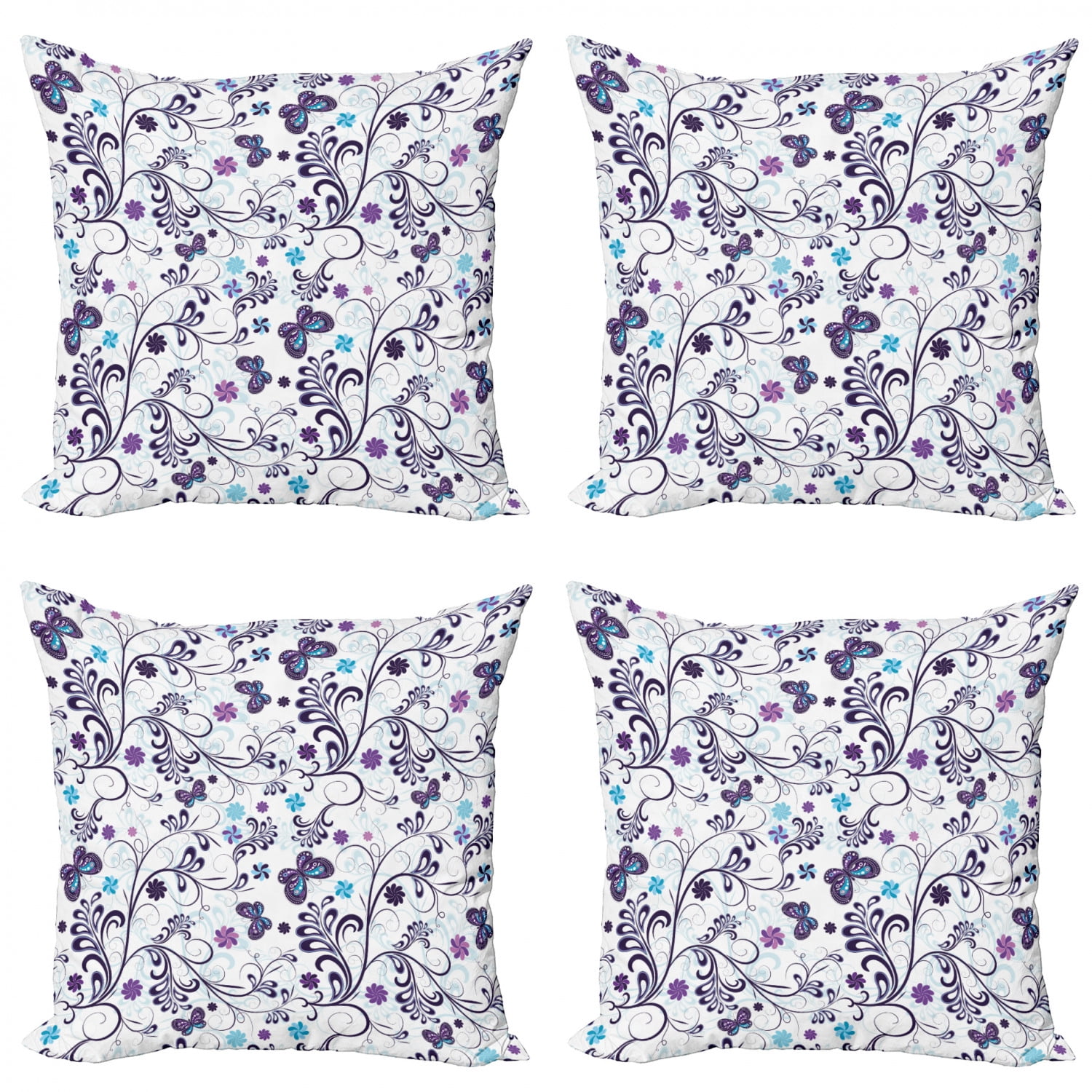 Ambesonne Floral Throw Pillow Cover 4 Pack, Butterflies and Swirls, 18