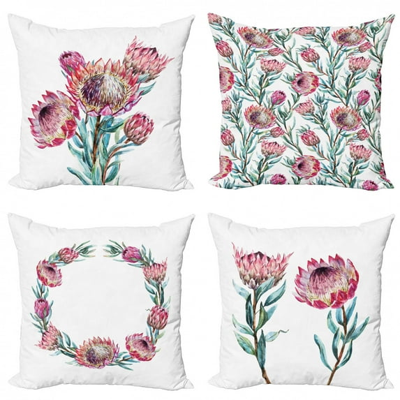 Ambesonne Floral Throw Pillow Cover 4 Pack, Watercolor Exotic Garden, 24", Pink Seafoam and White