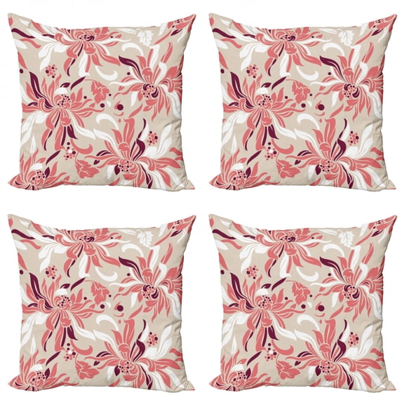 Ambesonne Floral Throw Pillow Cover 4 Pack, Pastel Florets, 20", Beige Coral Maroon