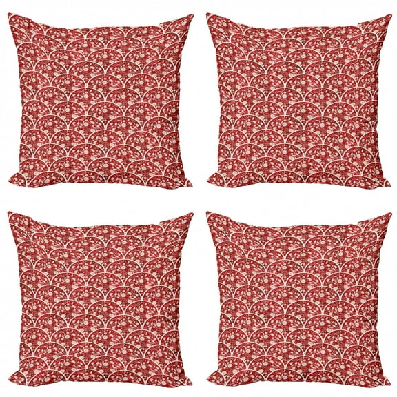 Floral Throw Pillow Cushion Case Pack of 4, Themed Traditional Motif with Curlicue Flowers and Peduncles, Modern Accent Double-Sided Print, 4 Sizes, Vermilion and Ivory, by Ambesonne