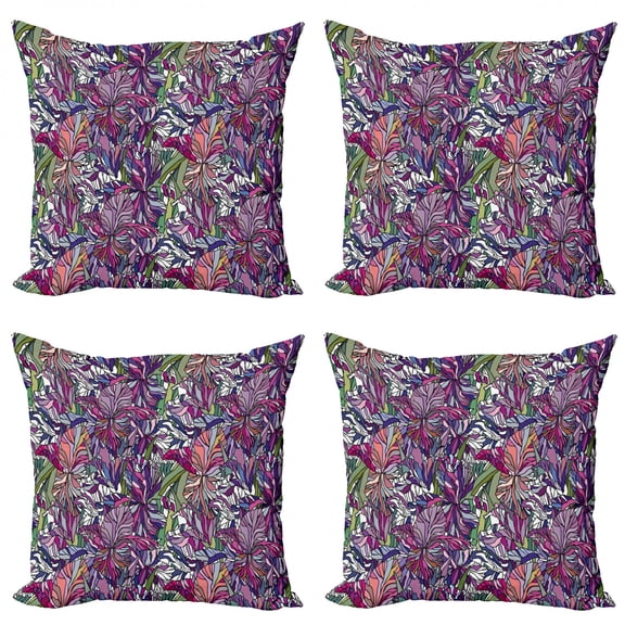 Ambesonne Floral Throw Pillow Cover 4 Pack, Tropical Jungle Bouquet, 24", Multicolor
