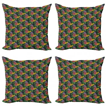 Floral Throw Pillow Cushion Case Pack of 4, Tropical Themed Pattern of Jungle Leaves and Colorful Flowers, Modern Accent Double-Sided Print, 4 Sizes, Multicolor, by Ambesonne