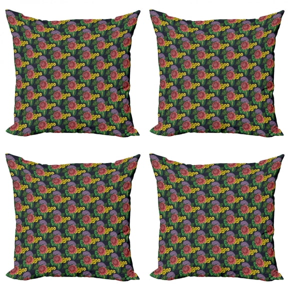Floral Throw Pillow Cushion Case Pack of 4, Tropical Themed Pattern of Jungle Leaves and Colorful Flowers, Modern Accent Double-Sided Print, 4 Sizes, Multicolor, by Ambesonne