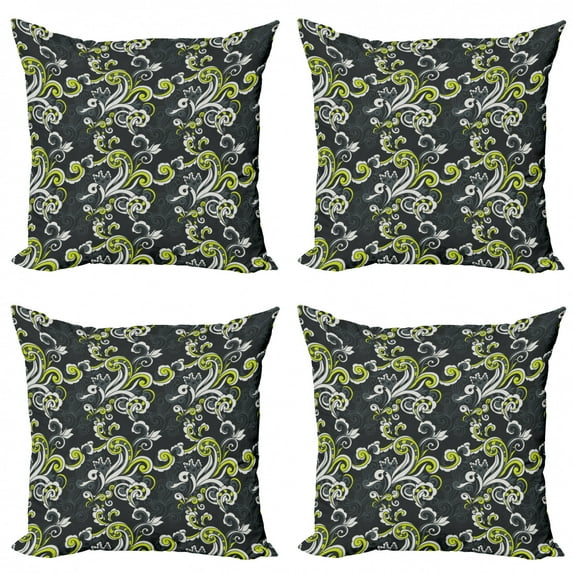 Floral Throw Pillow Cushion Case Pack of 4, Vintage Foliage Ornate Motif with Swirling Leaves Doodle Style, Modern Accent Double-Sided Print, 4 Sizes, Grey Yellow Green, by Ambesonne