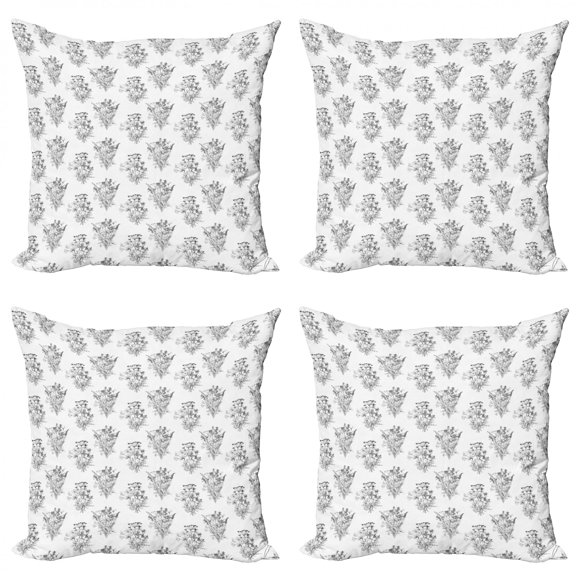 Ambesonne Floral Throw Pillow Cover 4 Pack, Outline Wild Flowers Plants, 16", Charcoal Grey and White