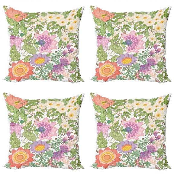 Floral Throw Pillow Cushion Case Pack of 4, Vintage Pastel Illustration of Leaves and Vivid Flowers, Modern Accent Double-Sided Print, 4 Sizes, Multicolor, by Ambesonne