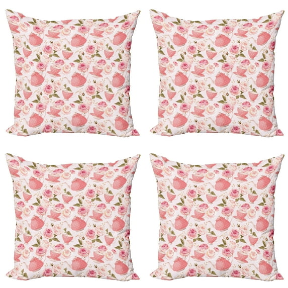 Ambesonne Floral Throw Pillow Cover 4 Pack, Vintage Tea Cups Roses, 16", Fern Green Pale Pink